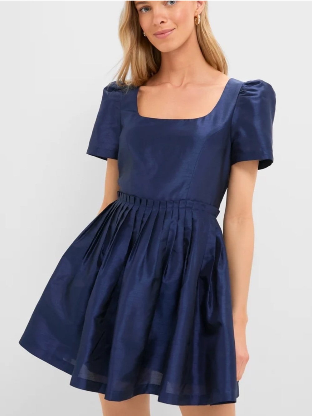 English Factory Navy Square-Neck Puff Sleeve Pleated Skater Dress